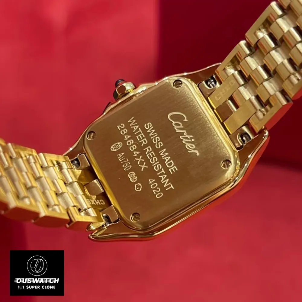 Back view of the Cartier Panthere small WGPN0047 watch dupe, displaying the solid 18K yellow gold case back.