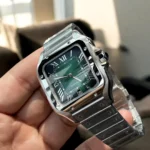 Super Clone Cartier Santos WSSA0062 Green Dial Large Model - 120-degree side profile showcasing polished stainless steel case and signature screw motifs.