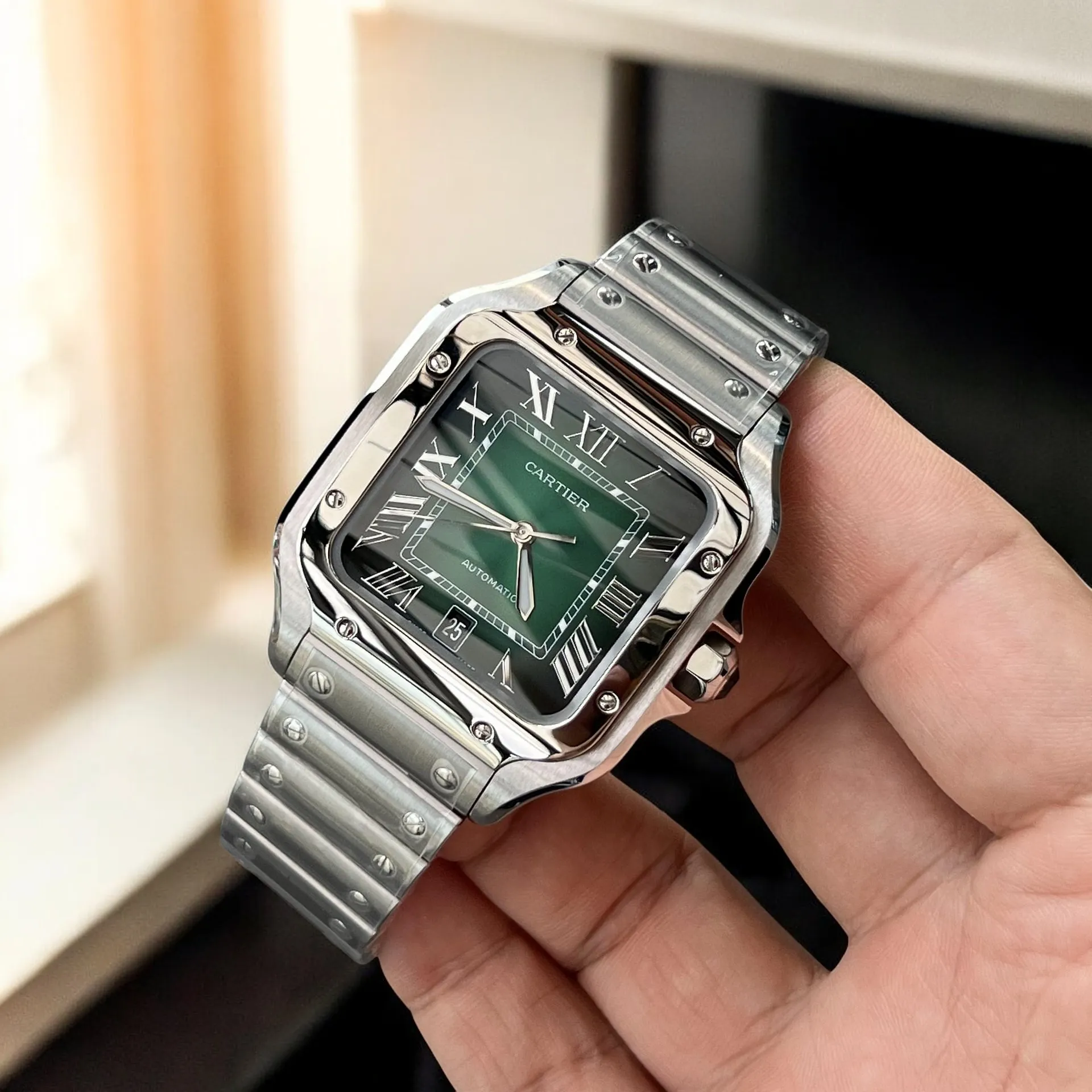 45-degree Panoramic View of Super Clone Santos WSSA0062 - Full stainless steel construction with green sunburst dial and sword-shaped hands.