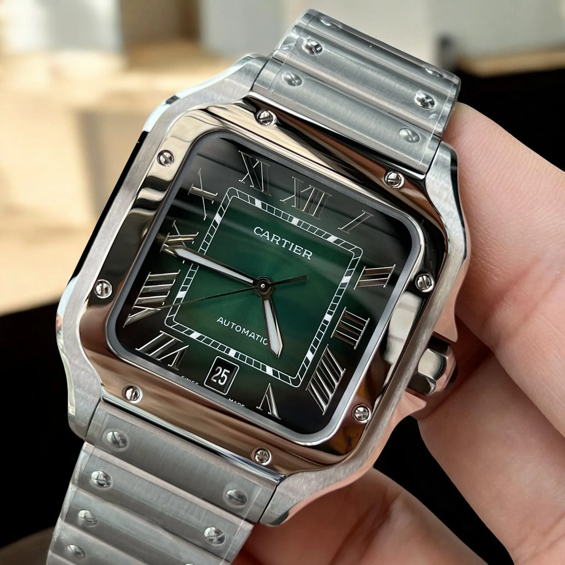 Macro Shot of Super Clone Santos WSSA0062 Green Dial - Multi-layer lacquered dial with silver-rimmed Roman numerals and date window.