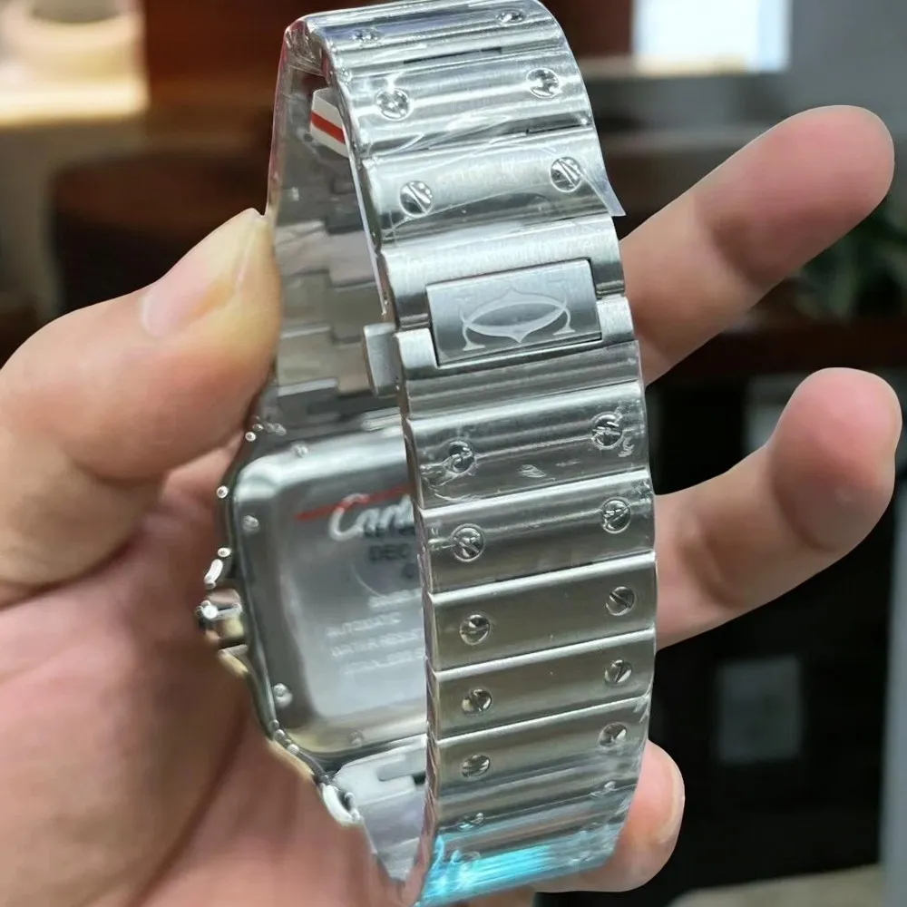 Detail of the stainless steel strap on the Super Clone Cartier Santos watch.