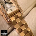 Close-up of interlocking rose gold bracelet - Cartier Tank Américaine dupe watch with double-adjustable folding clasp