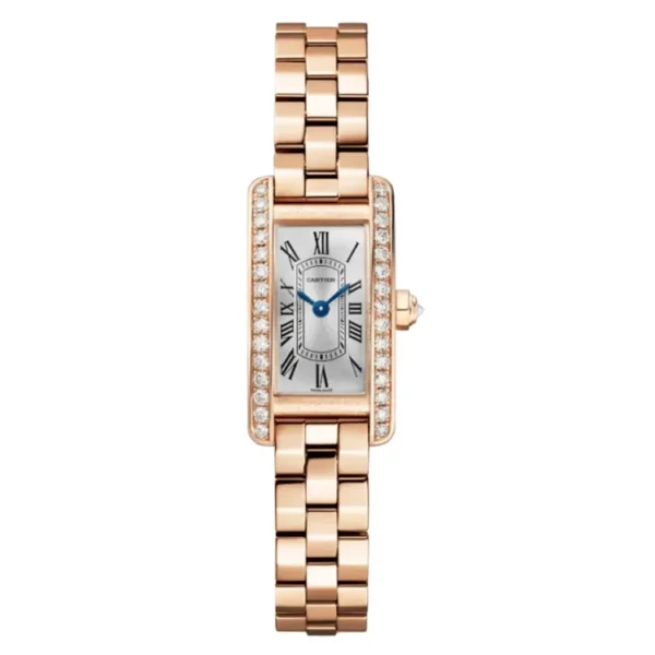 Luxury Cartier Tank Américaine watch dupe with 18K rose gold case & diamond bezel - Mini model WJTA0043 replica with Swiss quartz movement