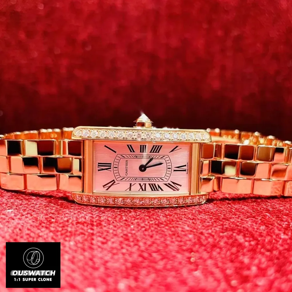Detailed view of the Cartier Tank Américaine Mini WJTA0043 watch dupe, emphasizing its dial and diamond bezel.