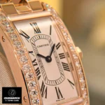 Close-up of the Cartier Tank Américaine Mini ladies watch dupe, emphasizing the diamond-studded bezel and detailed dial.
