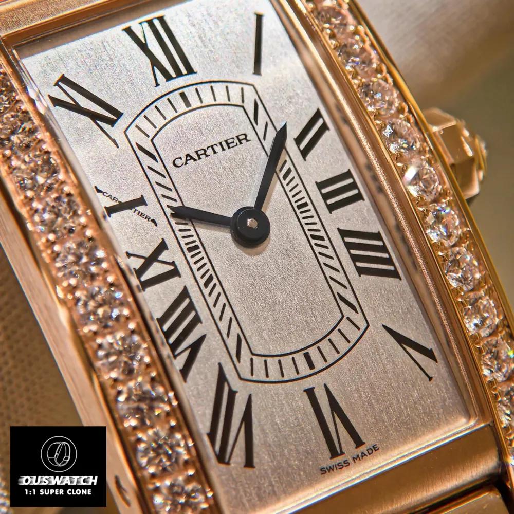 Detailed view of the Cartier Tank Américaine WJTA0043 watch dupe's dial, featuring a diamond-encrusted bezel.