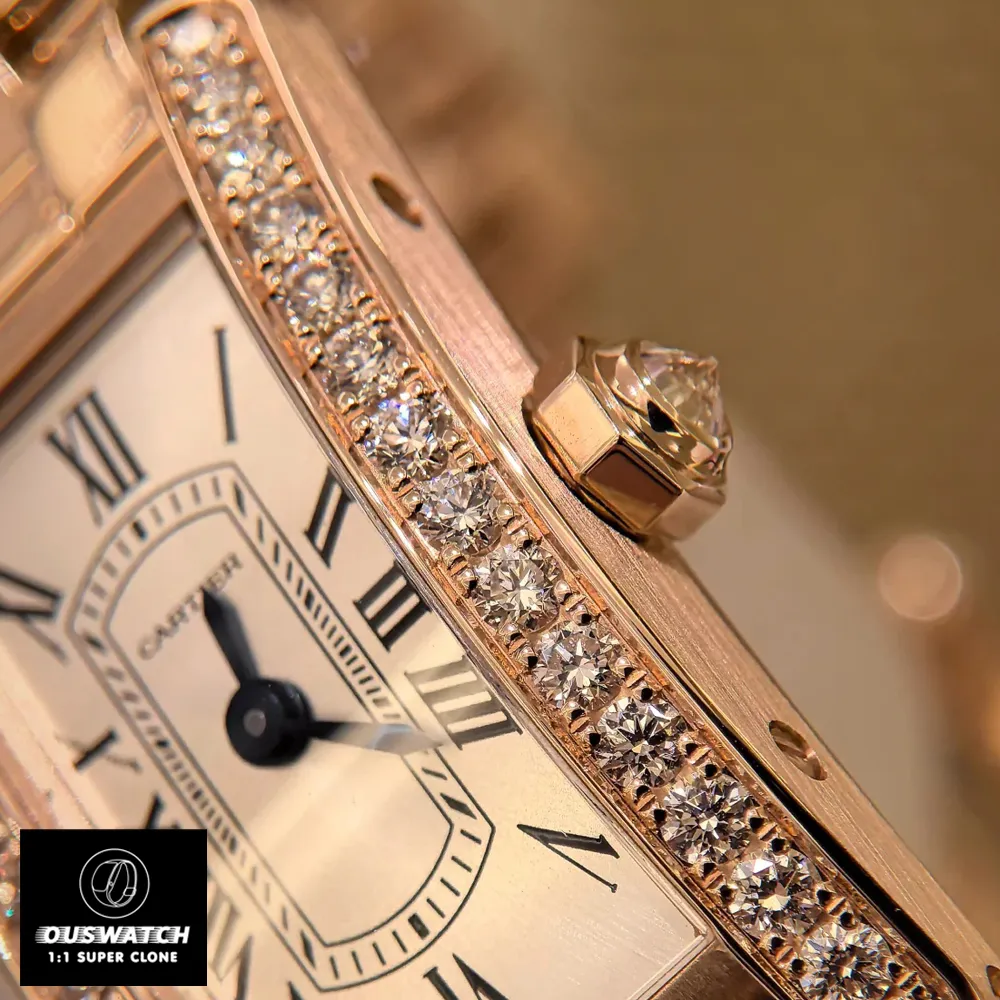 Close-up of the Cartier Tank Américaine WJTA0043 watch dupe, focusing on the diamond-adorned bezel and signature crown.
