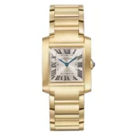 Luxury Cartier Tank Française yellow gold watch dupe for women - Medium size 18K gold case with Roman numerals, perfect alternative to original luxury timepiece