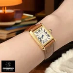 On-wrist demonstration of 18K gold Tank Louis dupe - Perfect 16cm female wrist fit with adjustable 18mm strap