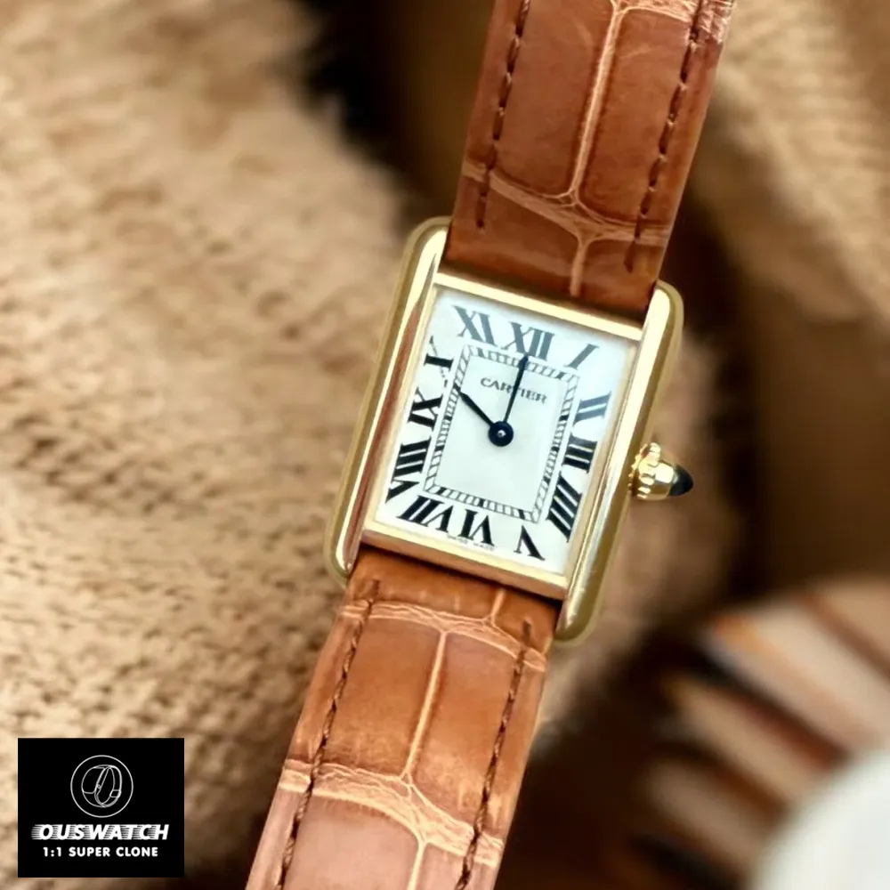 2025 Cartier Tank Louis WGTA0342 watch dupe frontal view - 23.6mm rectangular gold case with blued steel hands and sapphire crystal