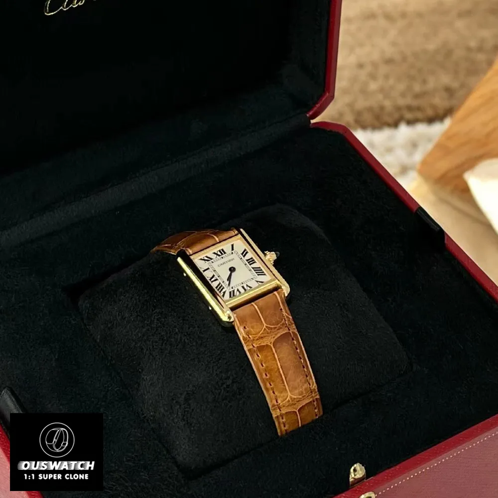 Cartier Tank Louis small model WGTA0342 watch dupe elegantly presented in its packaging box, reflecting luxury and sophistication.