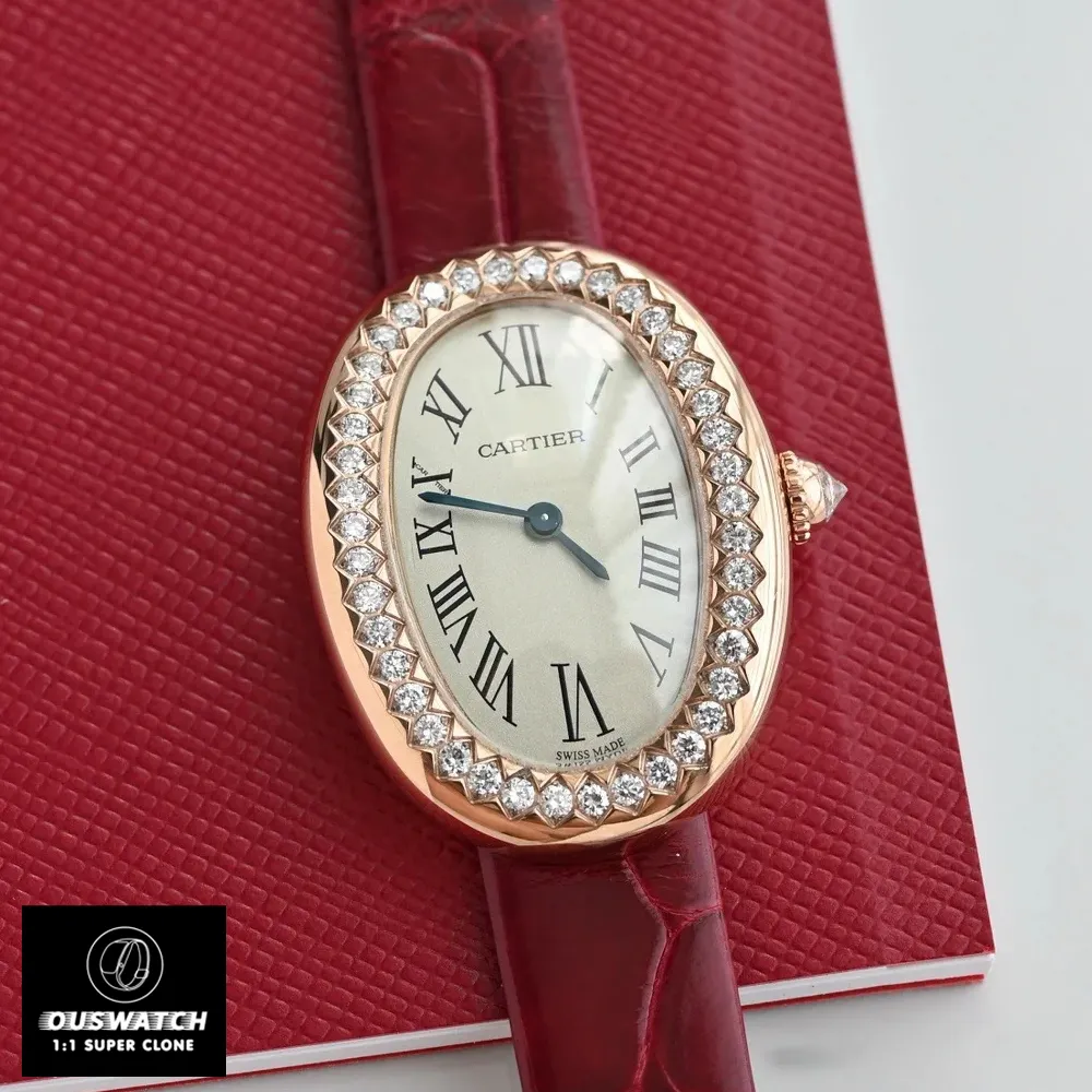 Front View Cartier-inspired Women's Watch Dupe - Guilloché Dial & Roman Numerals WJBA0031