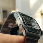 Super Clone Cartier Santos WSSA0062 Case Side - Angled view of 316L stainless steel case with satin finish and screw-fixed bezel.