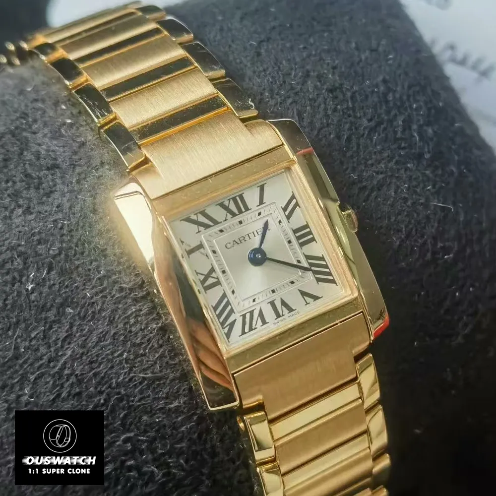 Close-up of the dial of a ladies Cartier Tank WGTA0345 watch dupe at a 120-degree angle, showcasing its intricate details.