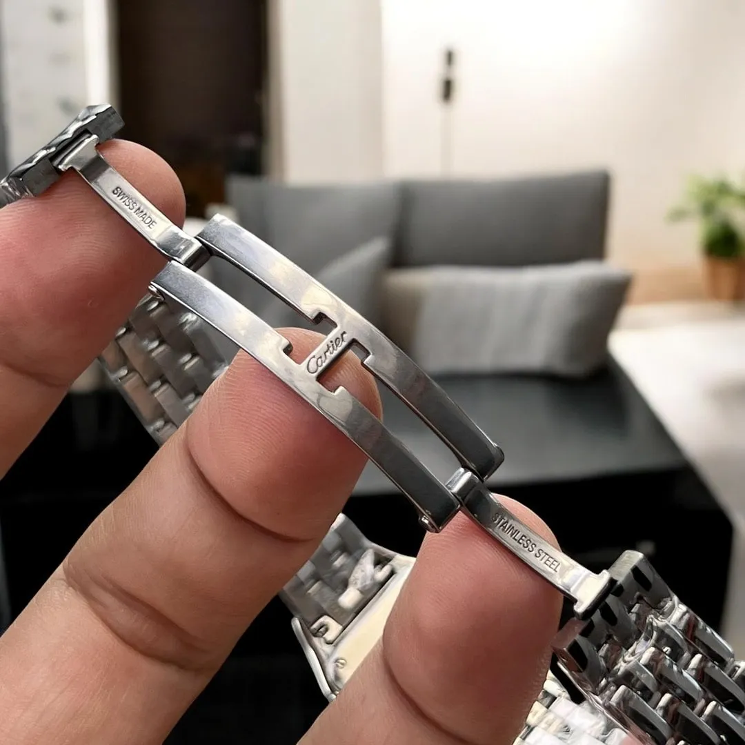 View of the open folding clasp on the Panthère de Cartier small model WSPN0013 watch dupe, highlighting its sturdy construction.