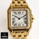 Close-up of the dial on the Panthere de Cartier WJPN0066 super clone watch, featuring Roman numeral hour markers and a rail-track minute circle.