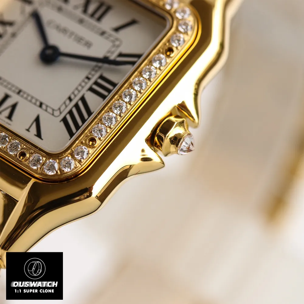 Detailed view of the diamond-set bezel and crown of the Panthere de Cartier WJPN0066 super clone watch, featuring 45 brilliant-cut diamonds totaling 0.31 carats.