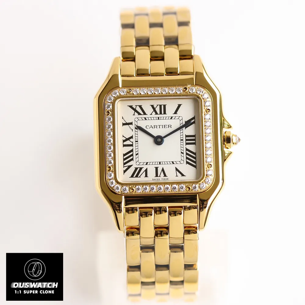 Front view of the Panthere de Cartier WJPN0066 super clone watch showcasing its elegant design and diamond-set bezel.