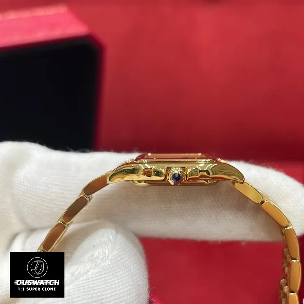 Image focusing on the case and blue sapphire crown of the Panthère de Cartier small model WGPN0047 watch dupe.