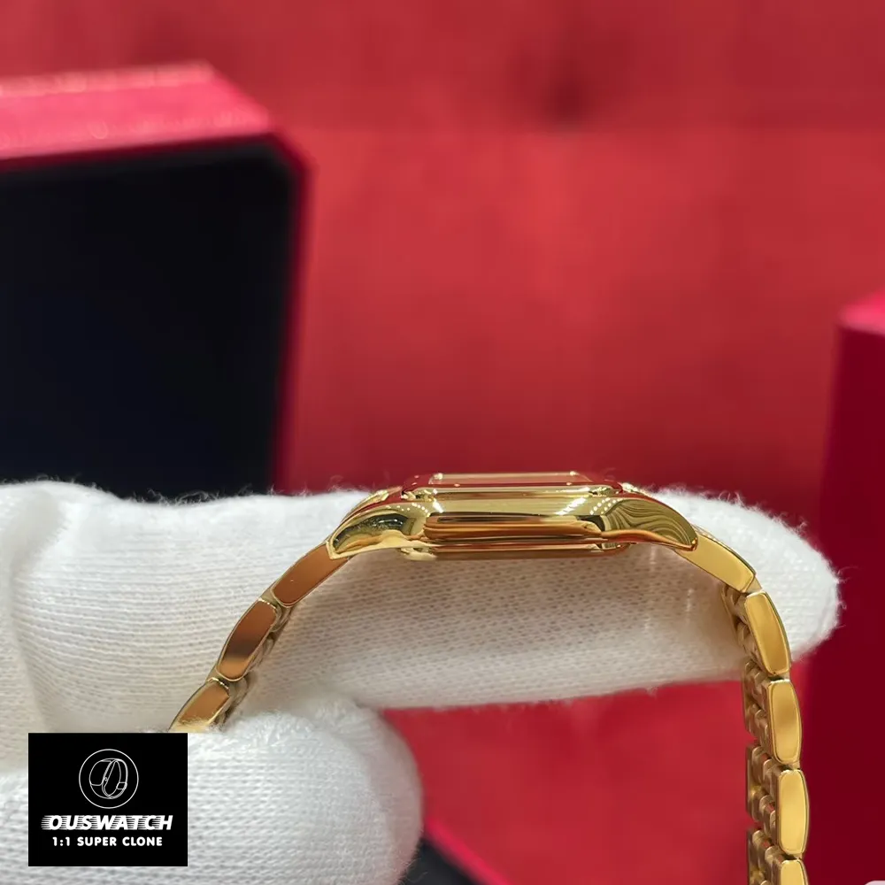 Side view of the Panthere de Cartier small model WGPN0047 watch dupe, highlighting the sleek 18K yellow gold case.