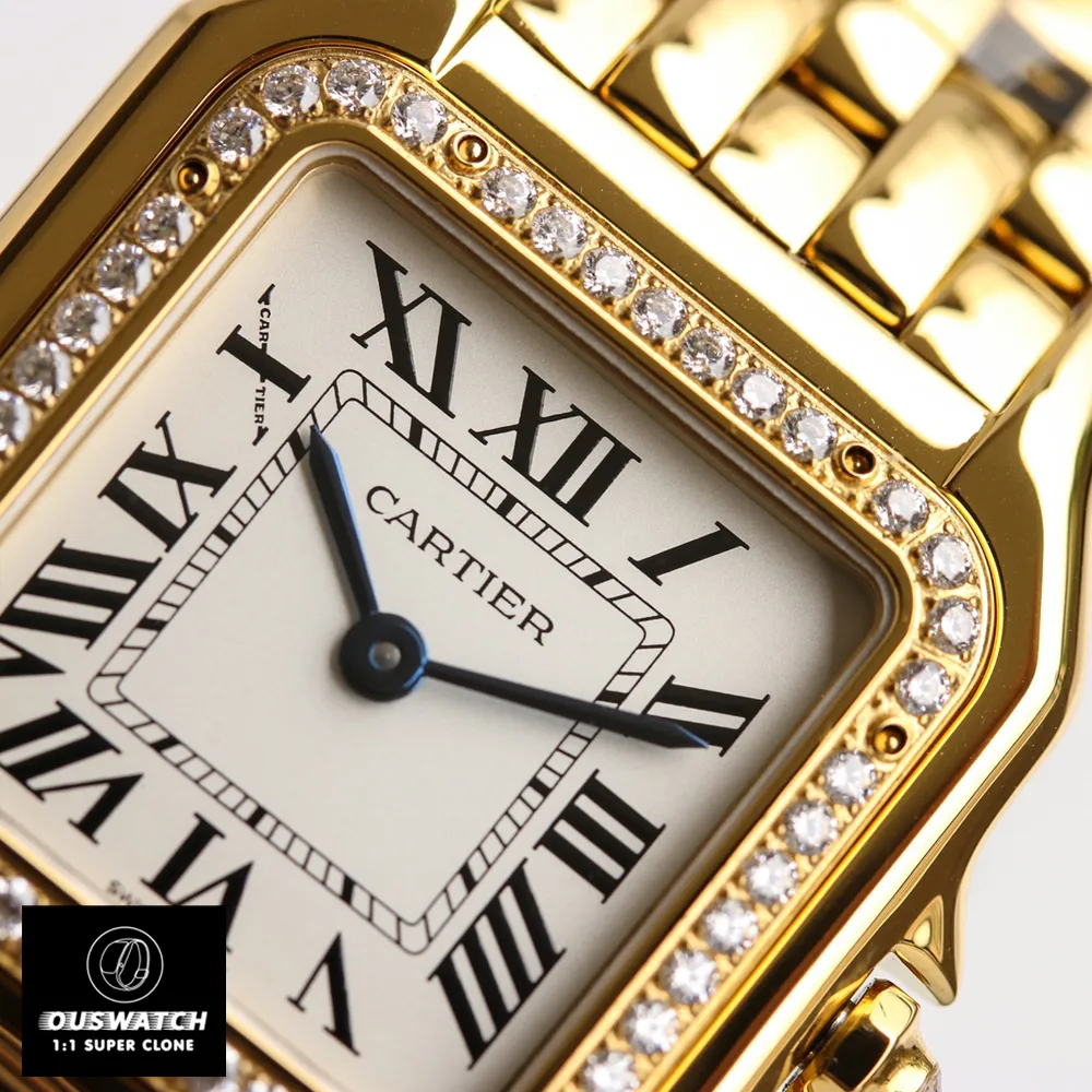 Macro shot of the bezel and case details on the Panthere de Cartier super clone watch, showcasing the precise setting of the diamonds.