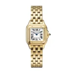 Panthere de Cartier small model WGPN0047 women's watch dupe in 18K yellow gold with a silvered dial and blue sapphire crown