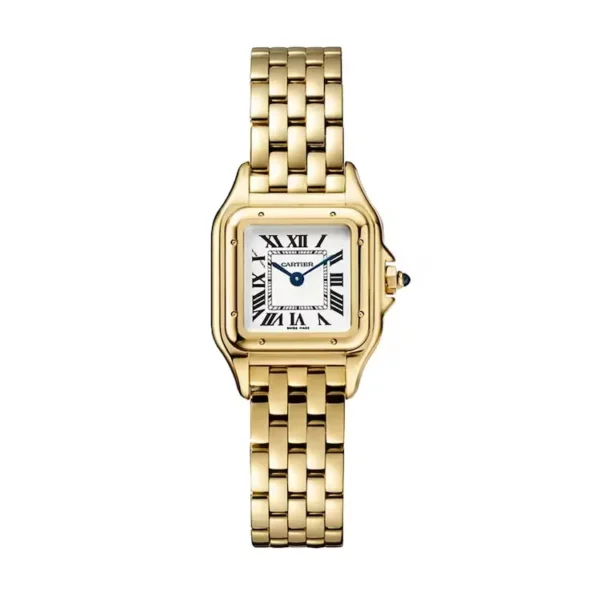 Panthere de Cartier small model WGPN0047 women's watch dupe in 18K yellow gold with a silvered dial and blue sapphire crown
