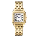 Panthère de Cartier medium model super clone watch in 18k yellow gold with diamond-set bezel, displayed on a white background.