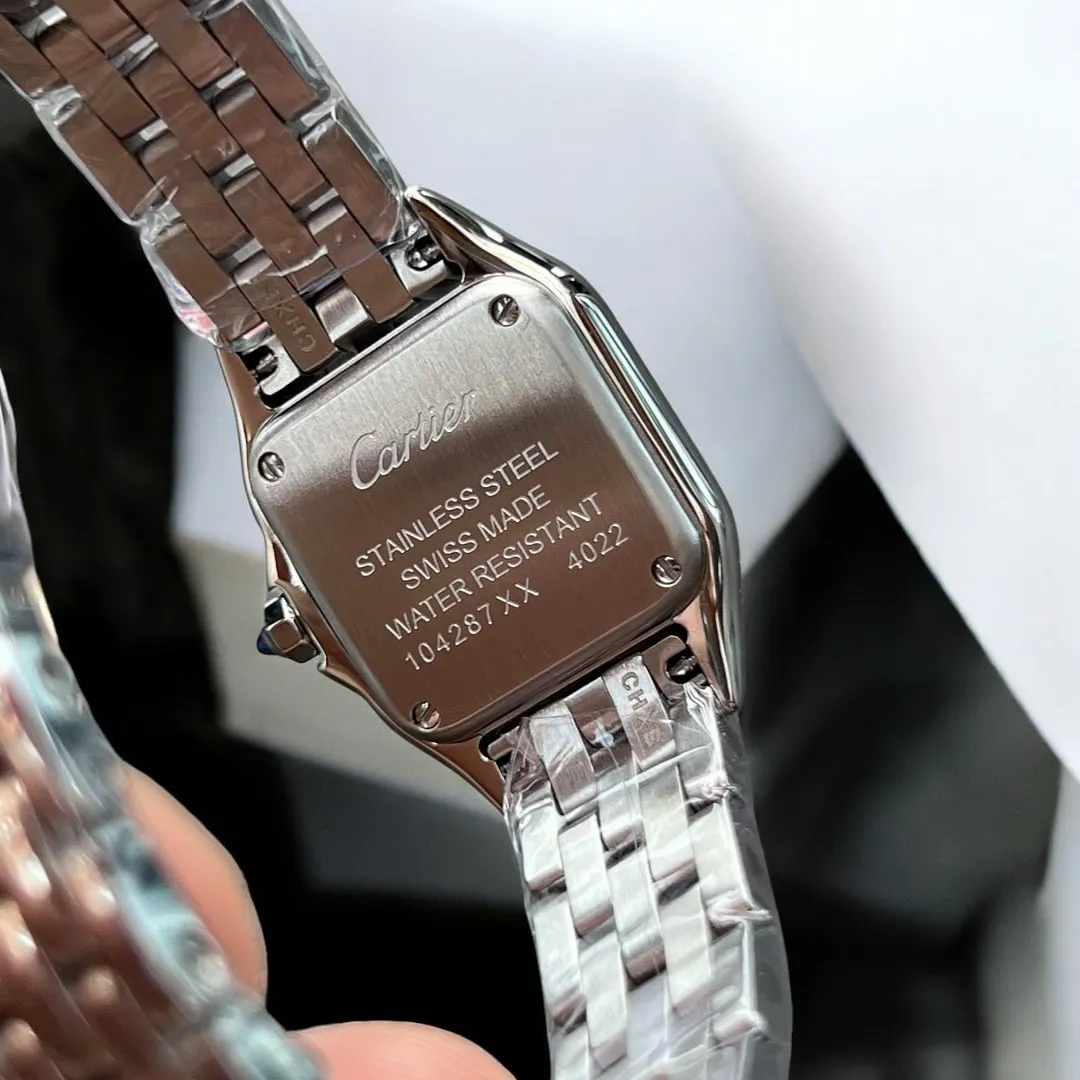 Back view of the Panthère de Cartier small model WSPN0013 watch dupe, highlighting the stainless steel case and bracelet.