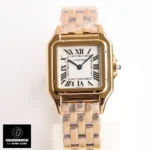 Front view of the rose gold Cartier Panthère ladies watch dupe, featuring a rose gold case and bracelet with a white dial.