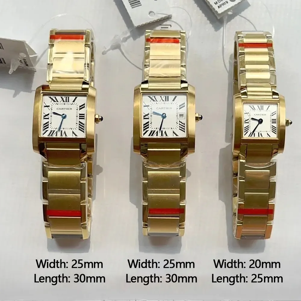 Size comparison guide for Cartier Tank dupe collection - Gold rectangular watches with measurements overlay (Case width: 20-32mm)