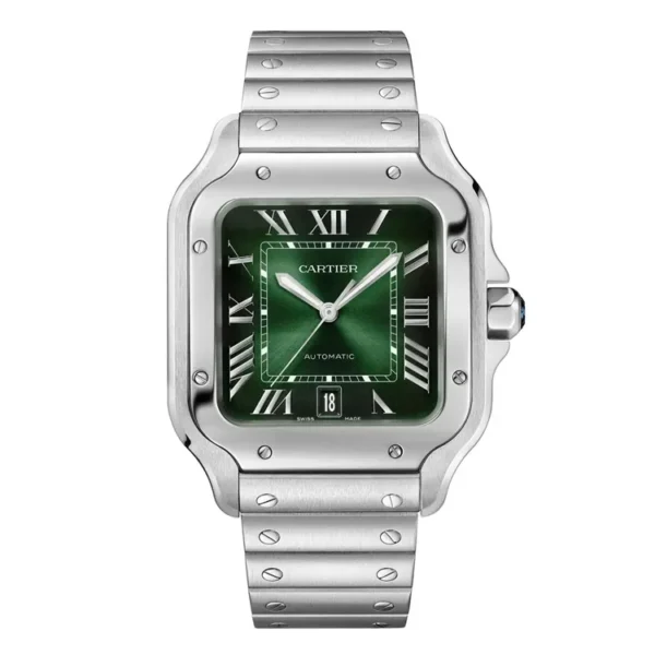 Super Clone Cartier Santos WSSA0062 Green Dial Large Model - Precision-engineered stainless steel case with sunburst green dial and iconic square bezel screws.