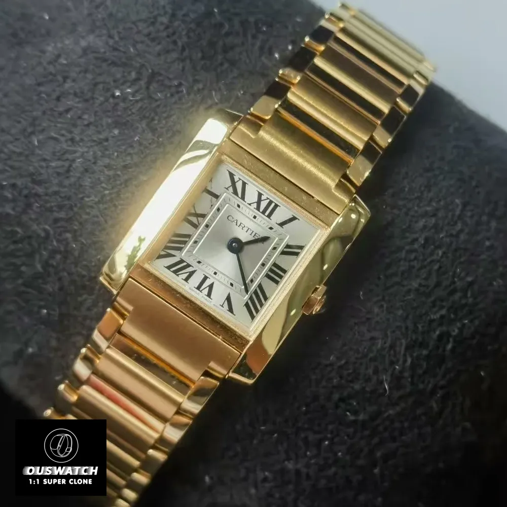 Cartier Tank Française WGTA0345 watch dupe displayed at a 45-degree angle, highlighting its classic design.