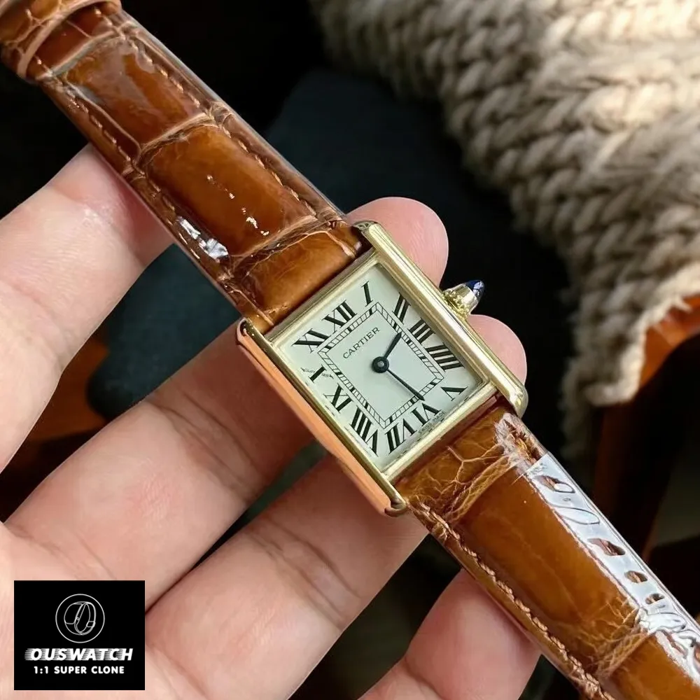 120-degree angle view of the Tank Louis Cartier watch small model WGTA0342 dupe, highlighting the watch's thin profile and elegant curves.