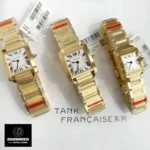 Trio of Cartier-inspired watch dupes comparison - Small/Medium/Large sizes (20mm/27mm/32mm) in gold plating with quartz movement