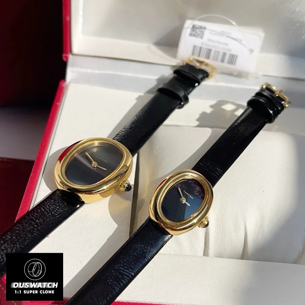 Side-by-side display of two Cartier Baignoire Gold Ladies WGBA0040 watch dupes