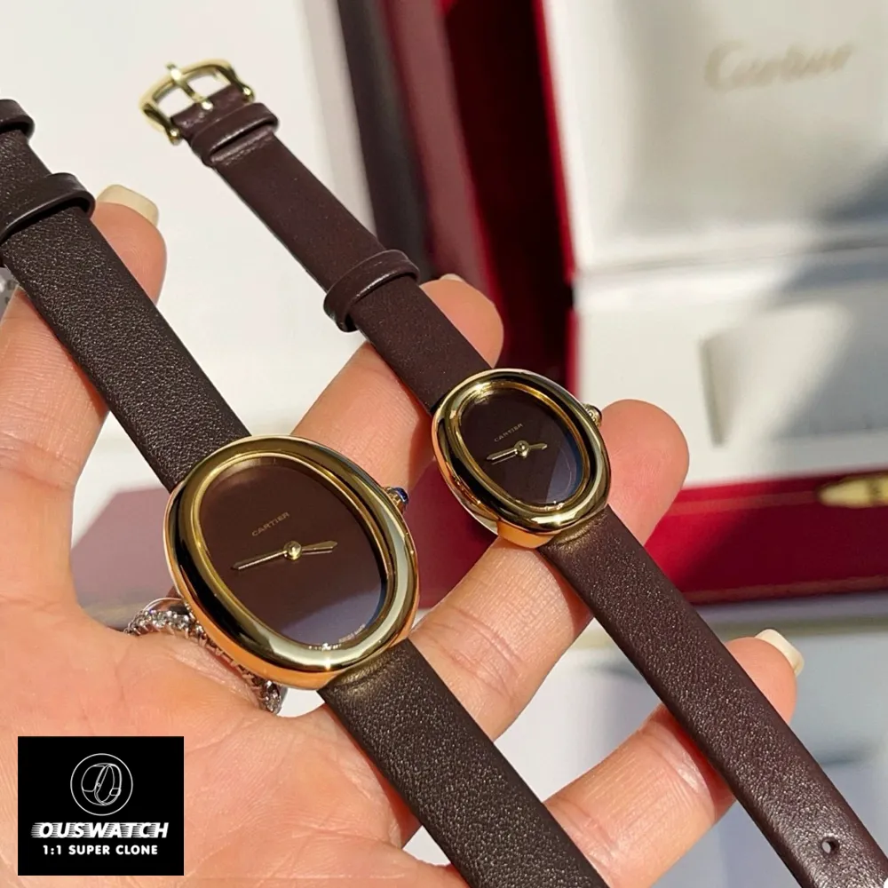 Cartier Baignoire Gold Ladies WGBA0040 watch dupe with brown dial, adding warmth and versatility to the classic gold design.