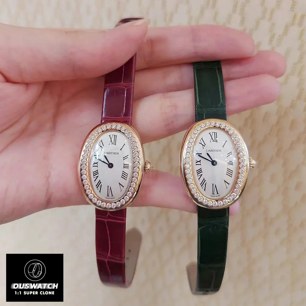 Comparison of two Cartier Baignoire rose gold watch dupes with varying strap colors.