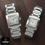 Pair of Cartier Tank Francaise WSTA0067 super clone watches displayed side by side, showcasing the timeless appeal of this design.