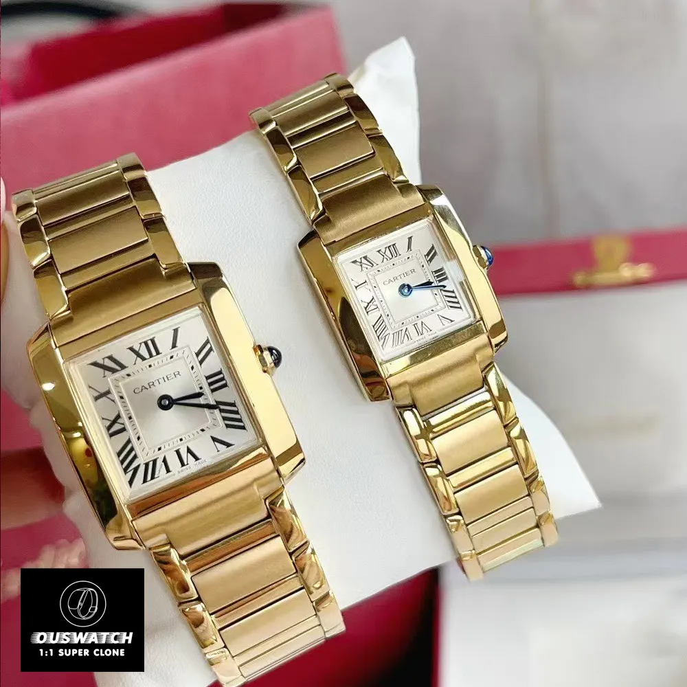 Duo of Cartier Tank Française gold watch dupes displayed side-by-side - 18K yellow gold rectangular cases with integrated bracelet replica watches