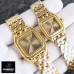 Comparison of two Panthère de Cartier super clone watches in varying sizes, both showcasing golden brown gradient dials and yellow gold cases.