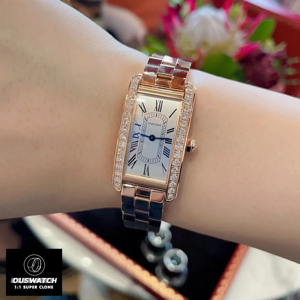 On-arm demonstration of 27mm Tank Américaine dupe - Rose gold mini watch with 0.5ct simulated diamonds on female wrist