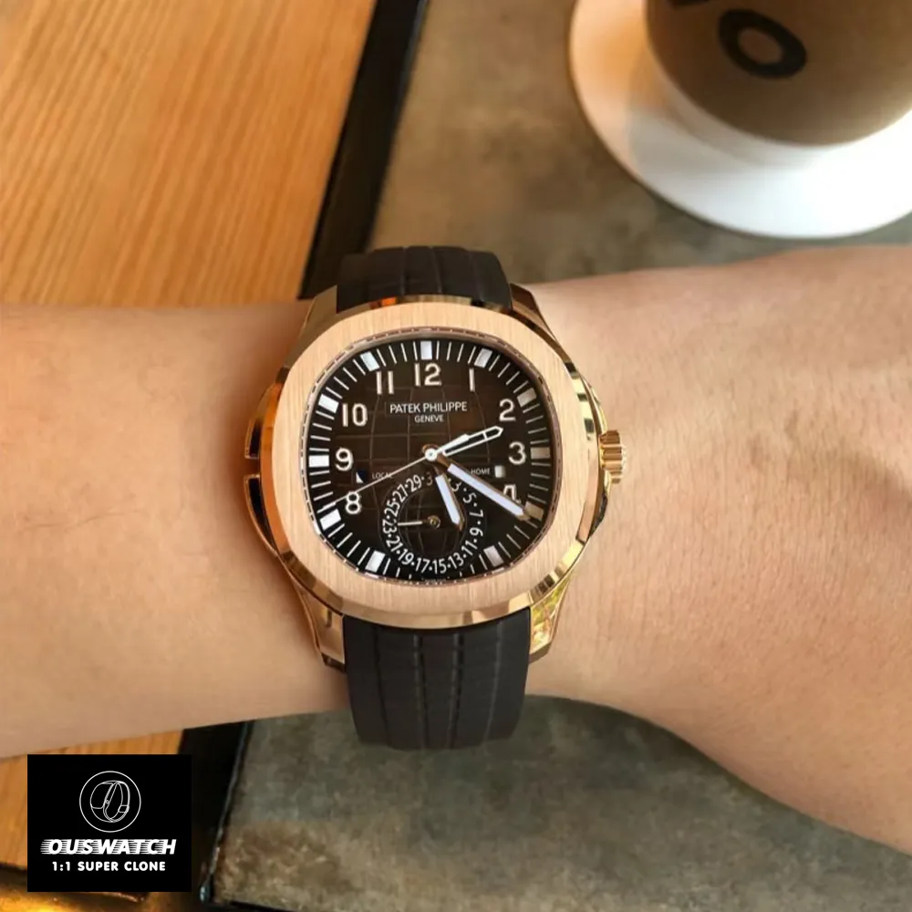 Wearing Super Clone Patek Aquanaut 5164R-001 Travel Time on wrist, showcasing its elegance