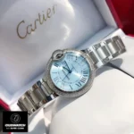 Premium watch box presentation of blue dial Cartier Ballon Bleu diamond-accented timepiece replica