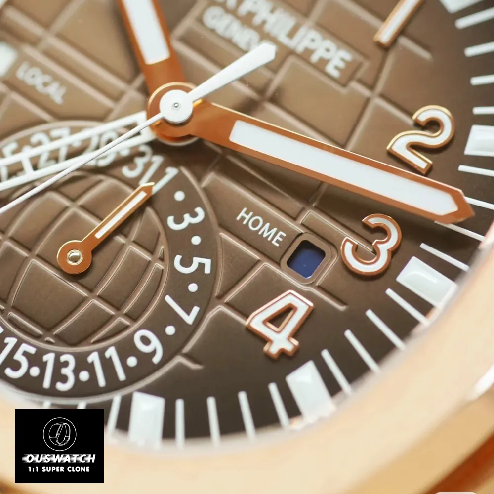 Close-up detail of Patek Aquanaut Travel Time 5164R brown textured dial