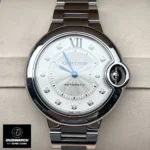 Front view of the Cartier Ballon Bleu 33mm silver diamond dial watch dupe.