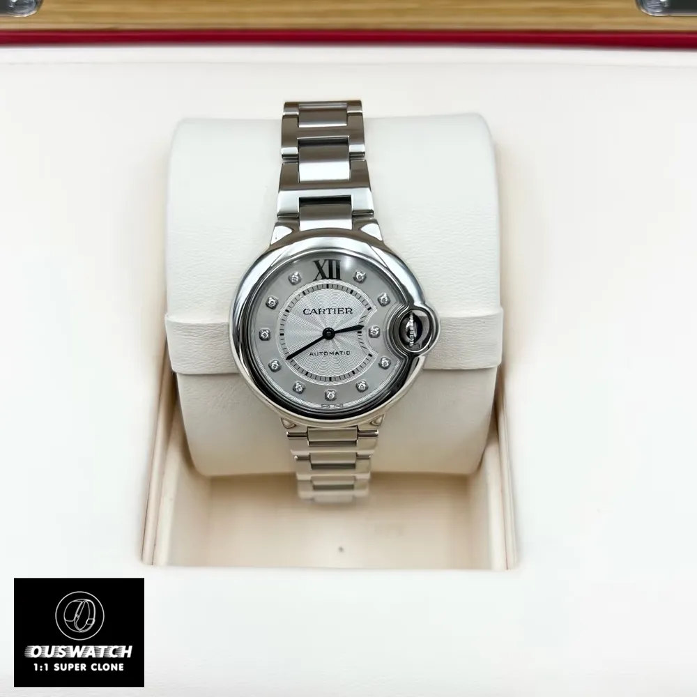 Replica Cartier Ballon Bleu 33mm ladies' watch adorned with diamond accents."
