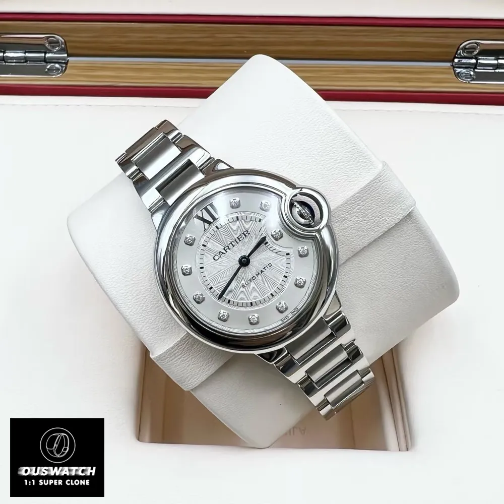 Front view of the Cartier Ballon Bleu 33mm automatic watch dupe, highlighting its classic design.