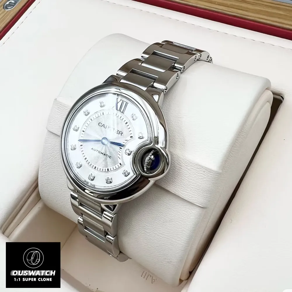 Side angle of the Cartier Ballon Bleu 33mm silver diamond dial watch dupe