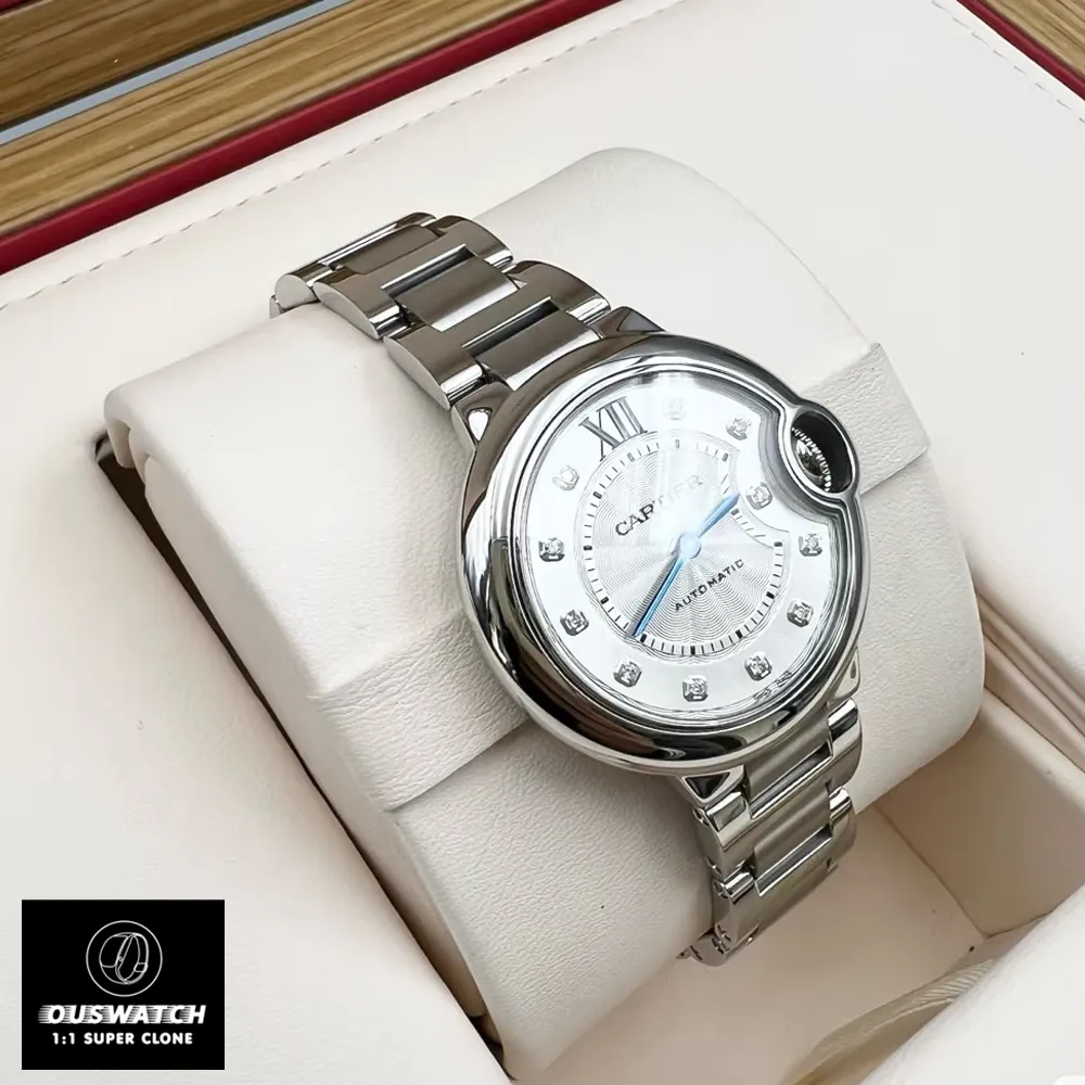 Close-up of the Cartier Ballon Bleu 33mm silver diamond dial watch dupe